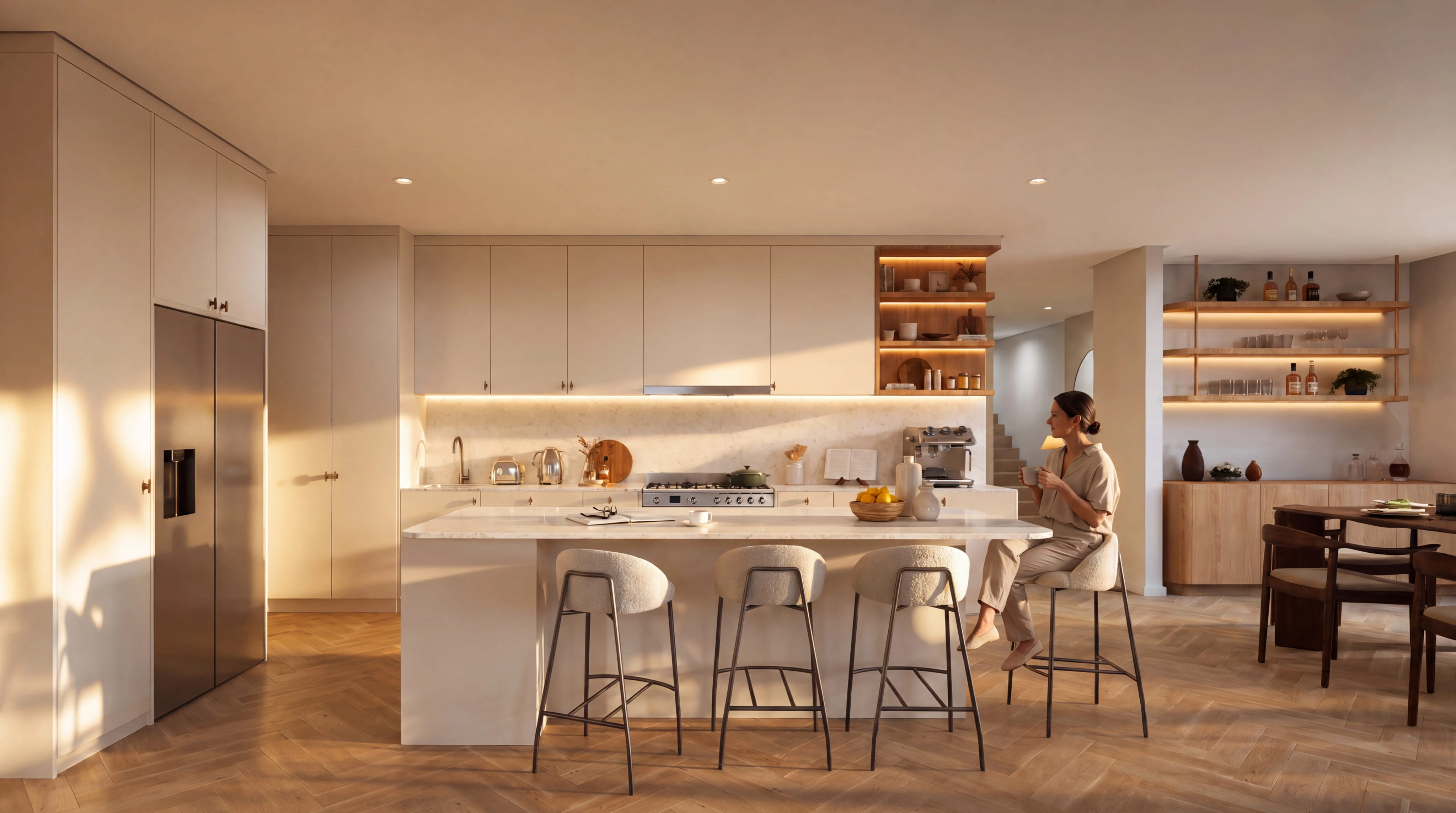 Open-plan kitchen with a stone island, bar stools and herringbone oak floors