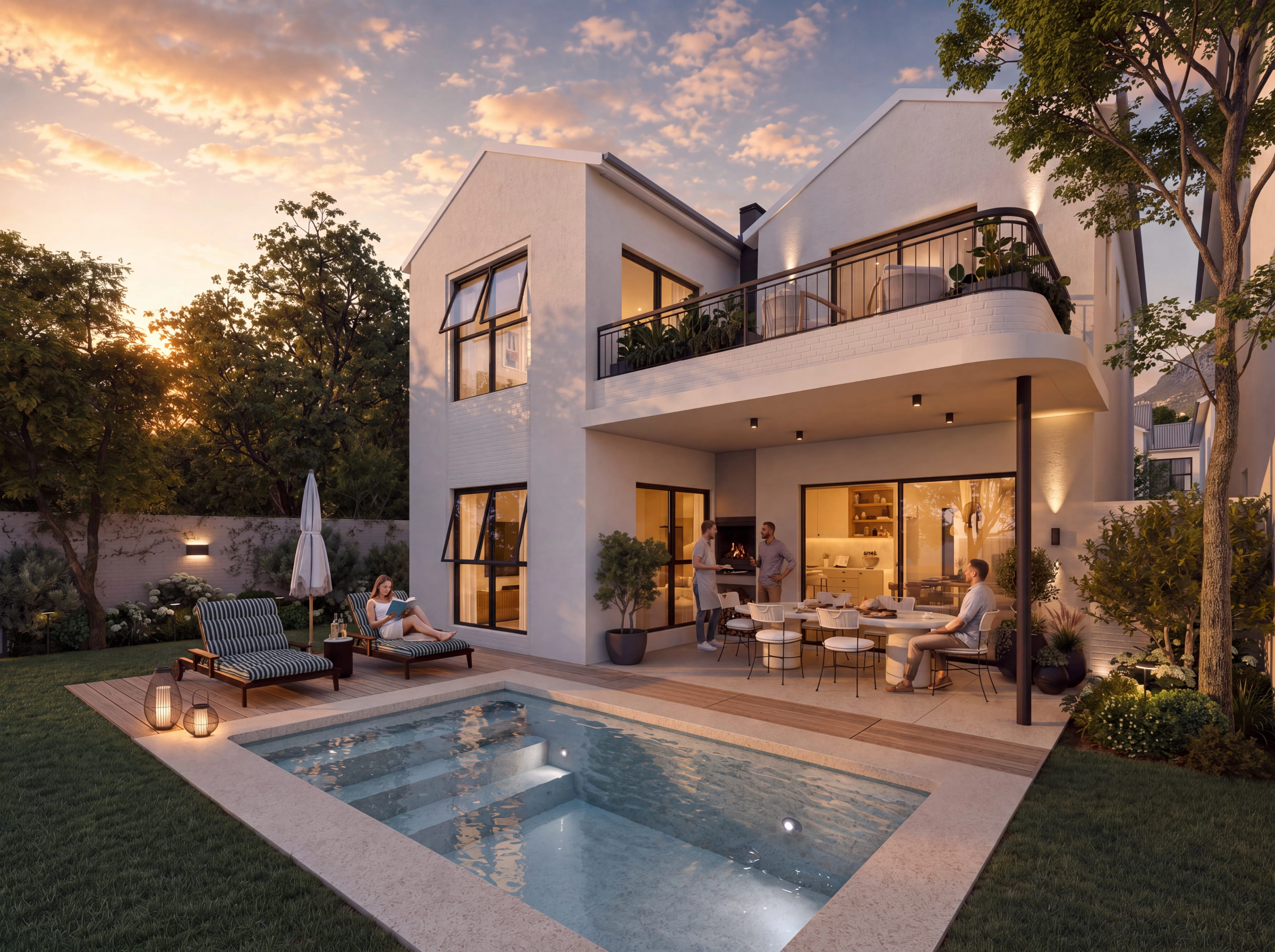 Rear garden at dusk, with a pool and a covered terrace beneath the balcony
