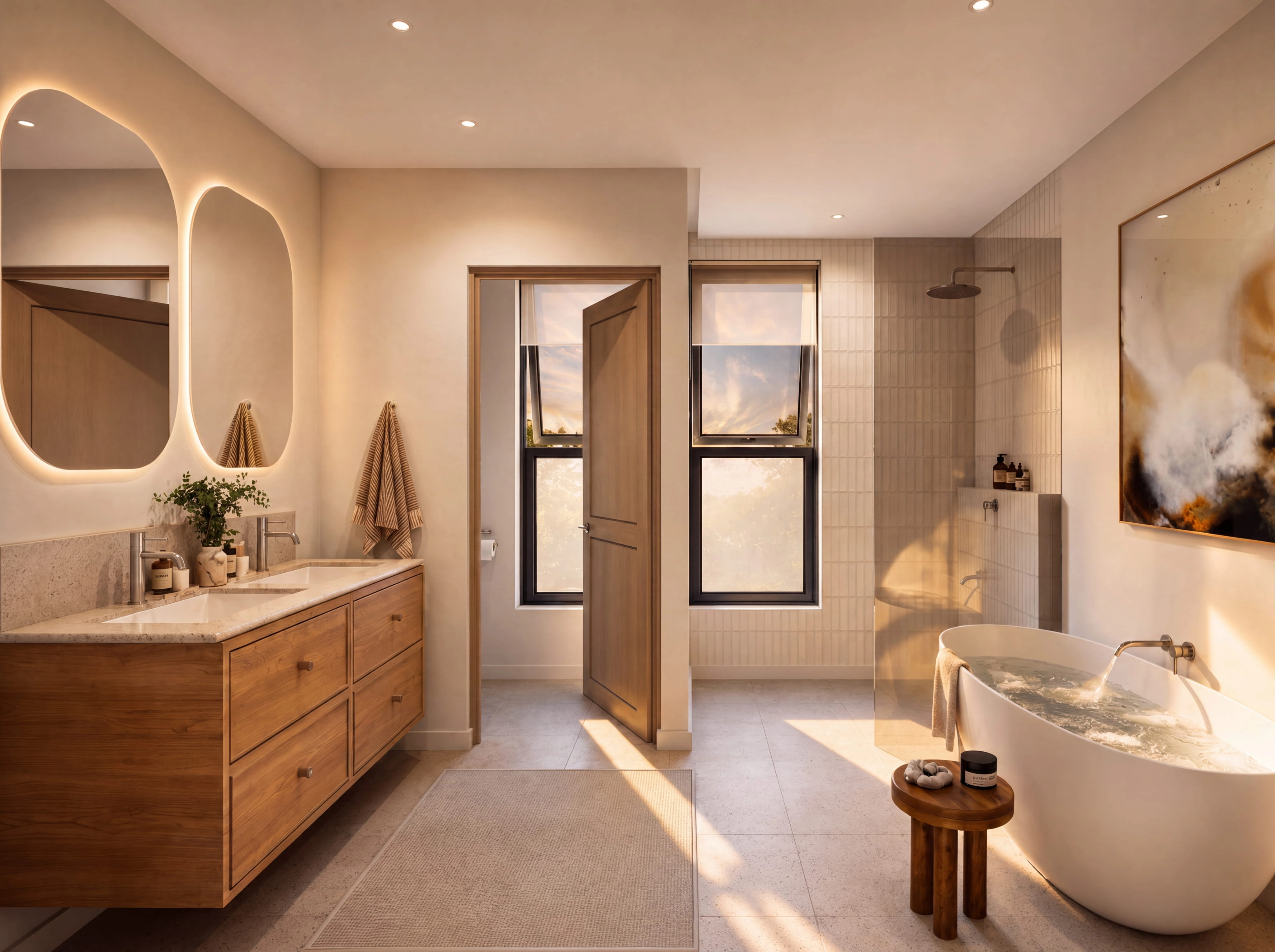 Bathroom with twin backlit mirrors, an oak vanity and a freestanding bath