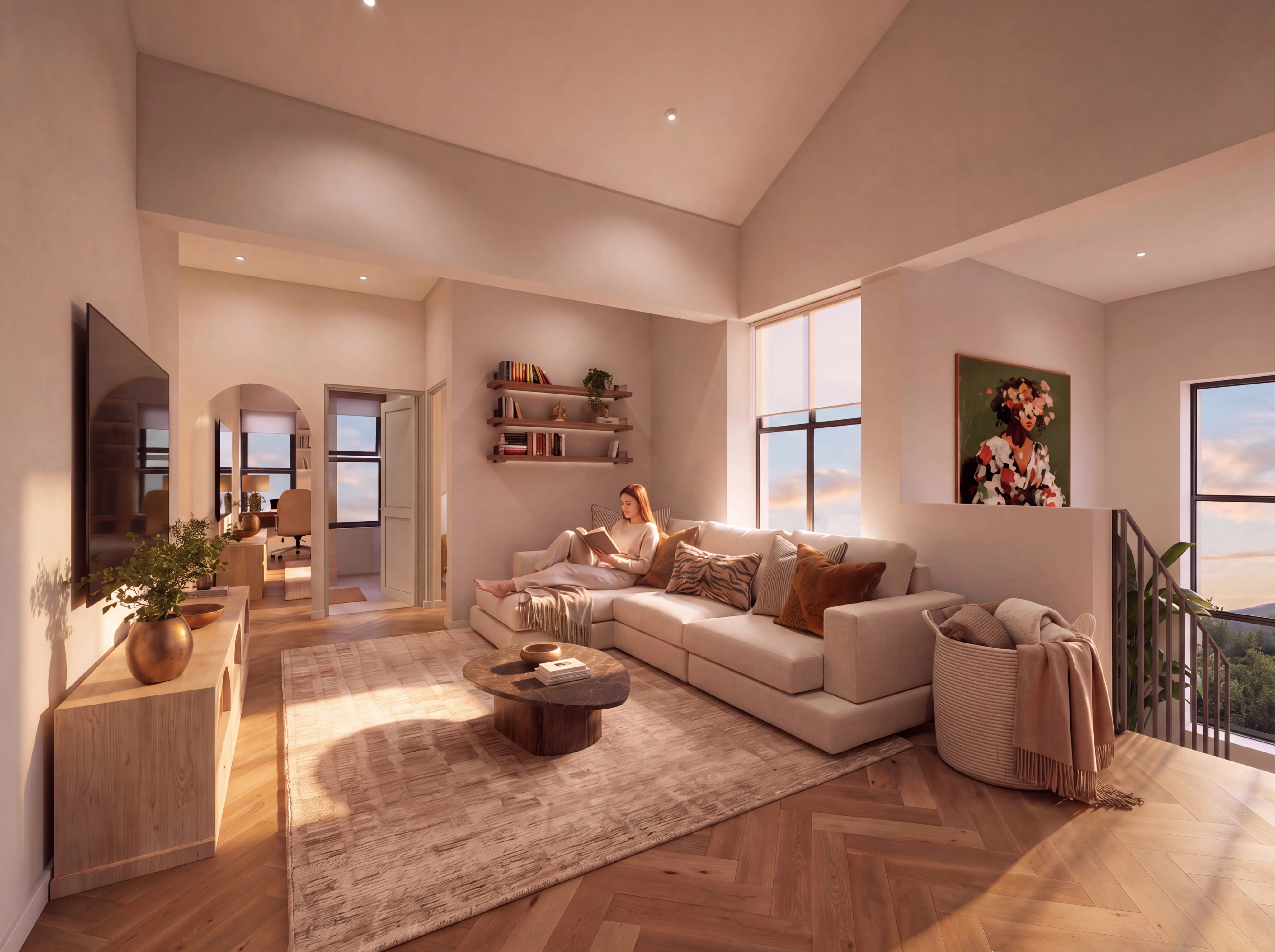 Upstairs lounge under a vaulted ceiling, with a study through the doorway beyond