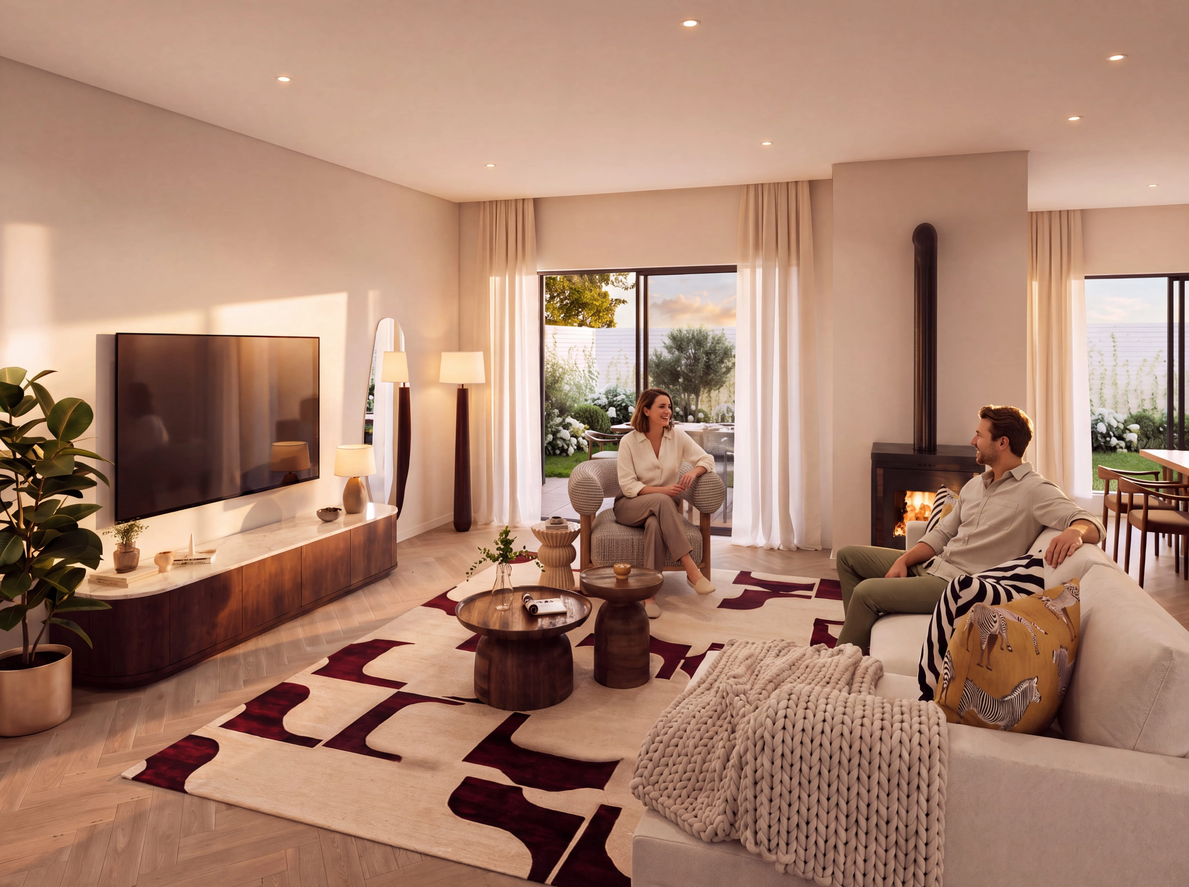 Living room in the evening, with a wood-burning fireplace and doors open to the garden