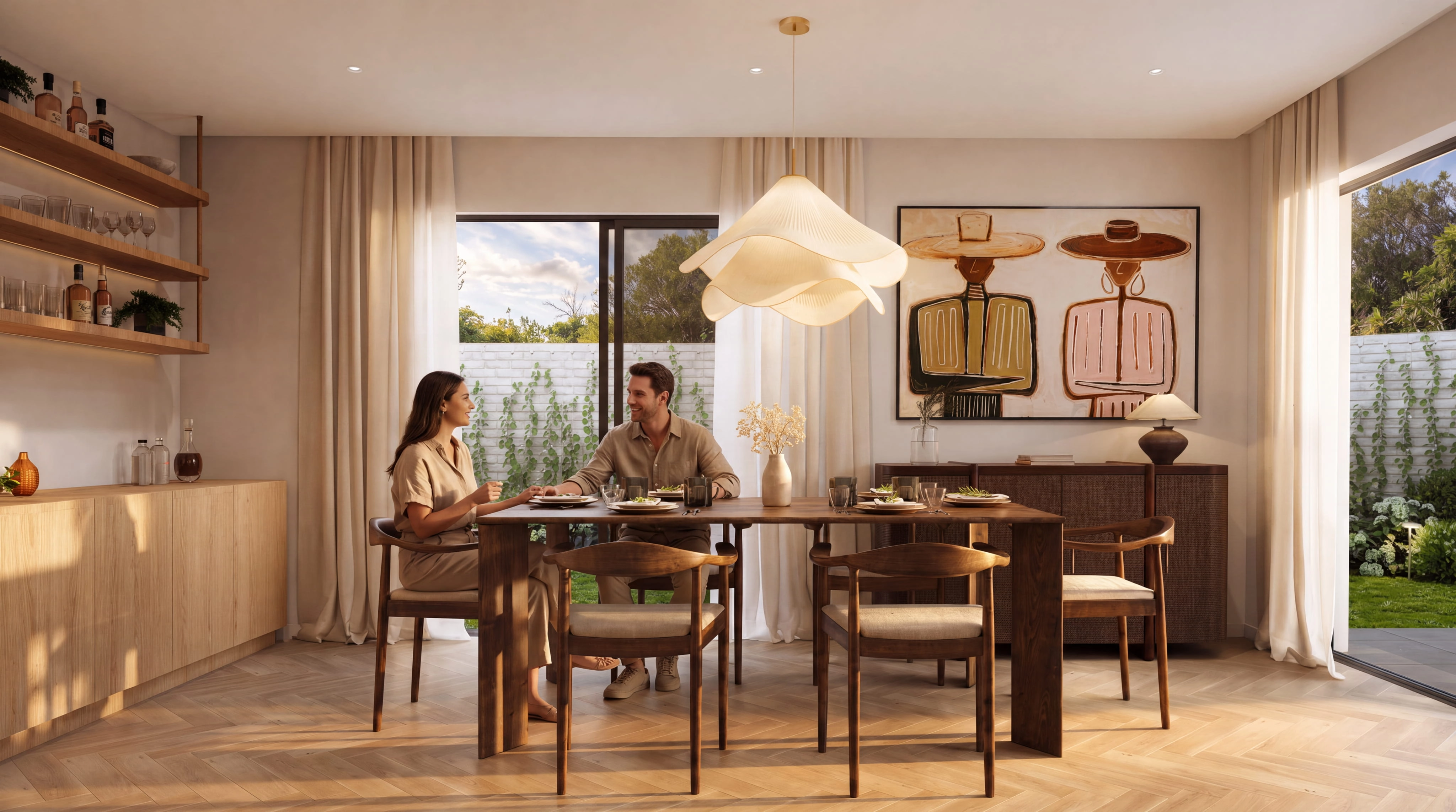 Dining room with a pleated pendant above the table and sliding doors to the garden